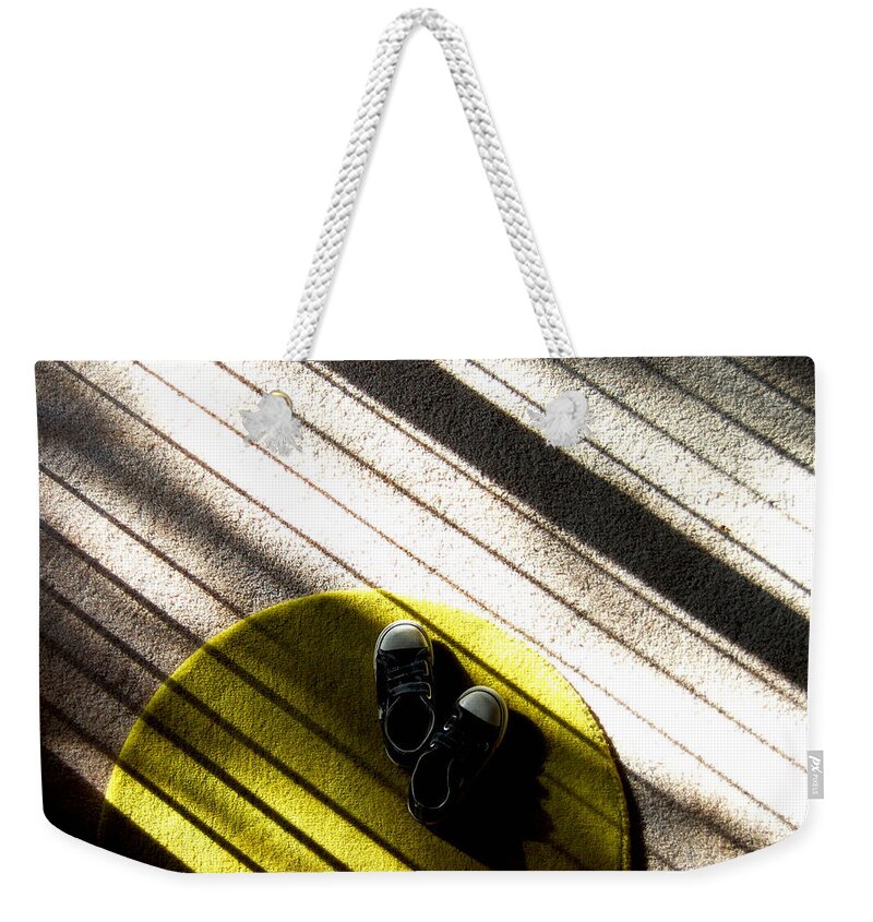 Dawn Weekender Tote Bag featuring the photograph Childs Shoes On Carpet In Sunshine And by Meredith Winn Photography
