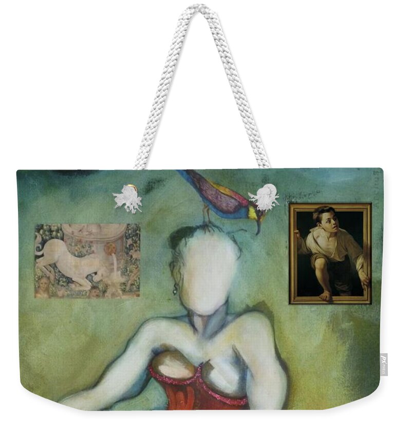 Burlesque Weekender Tote Bag featuring the painting Chin Chin With an Imaginary Bird on Her Head by Carolyn Weltman