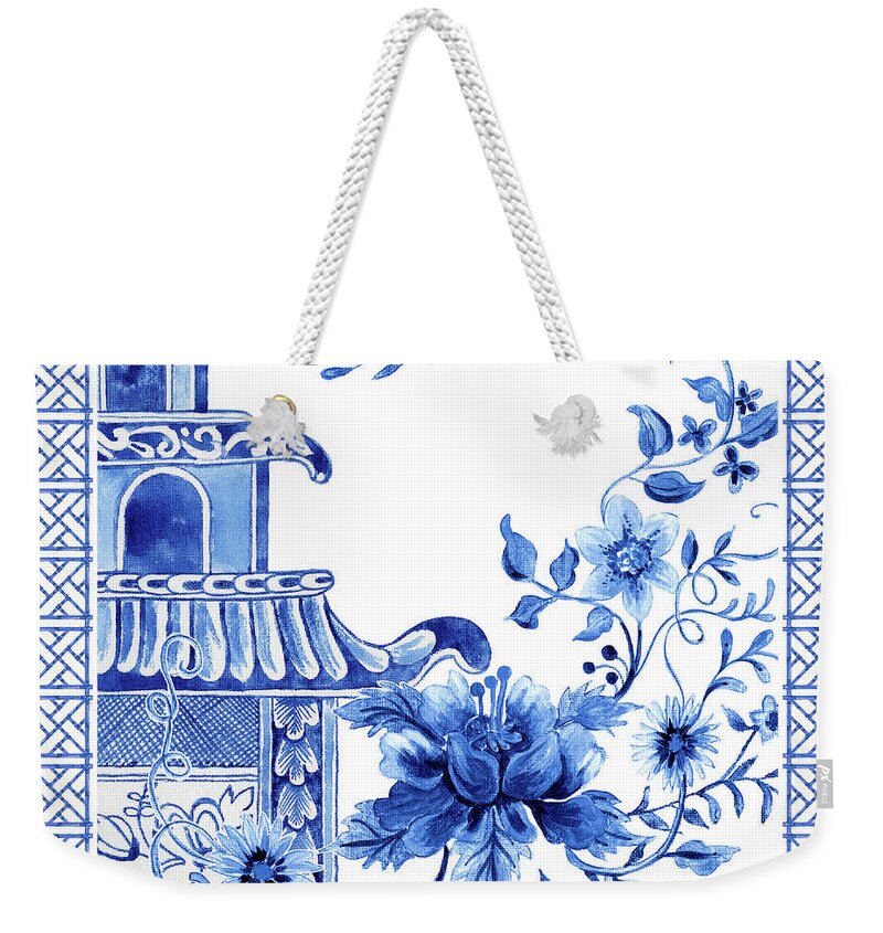 Chinese Weekender Tote Bag featuring the painting Chinoiserie Blue and White Pagoda with Stylized Flowers and Chinese Chippendale Border by Audrey Jeanne Roberts