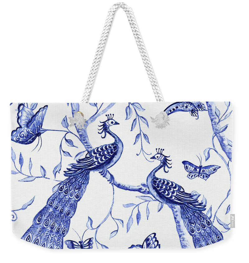 Chinoiserie Weekender Tote Bag featuring the painting Chinoiserie Blue and White Peacocks and Butterflies by Audrey Jeanne Roberts