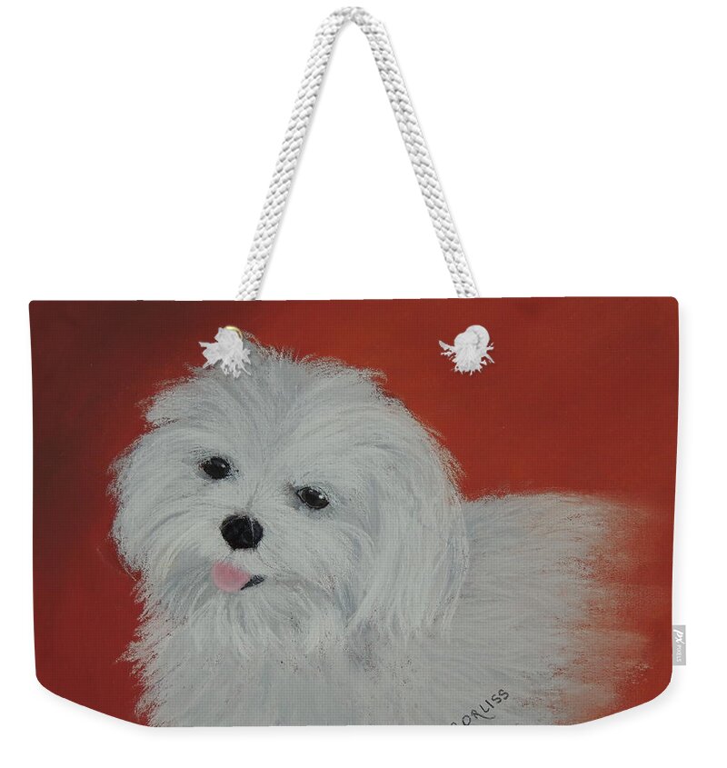 Dog Weekender Tote Bag featuring the pastel Chloe's Angel by Carol Corliss