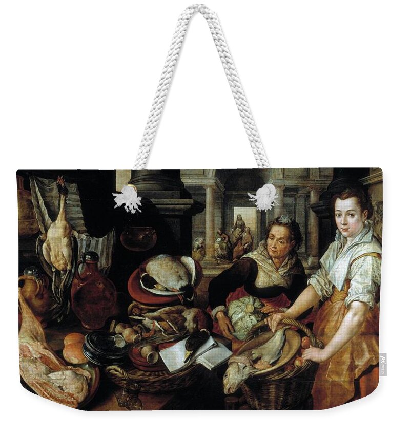 Christ At Home With Martha And Mary Weekender Tote Bag featuring the painting 'Christ at home with Martha and Mary', 1568, Flemish School, Oil on panel, 1... by Joachim Beuckelaer -c 1534-c 1574-