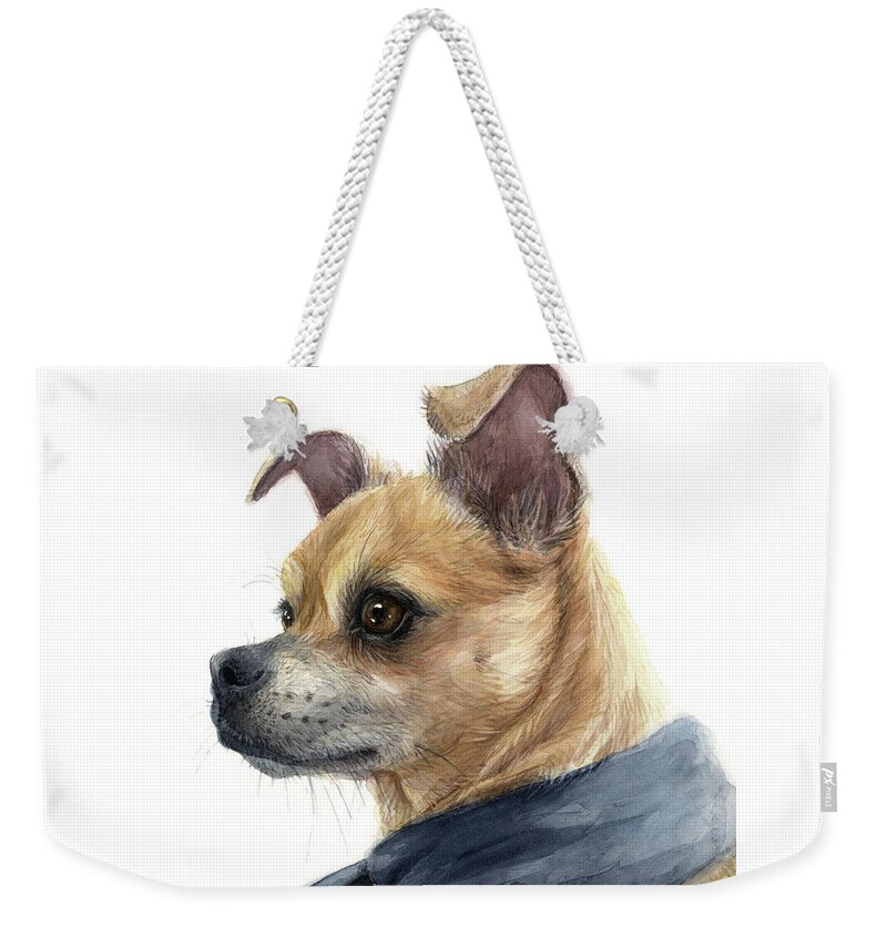 Chug Weekender Tote Bag featuring the painting Chug Portrait Chihuahua Pug Mix by Olga Shvartsur