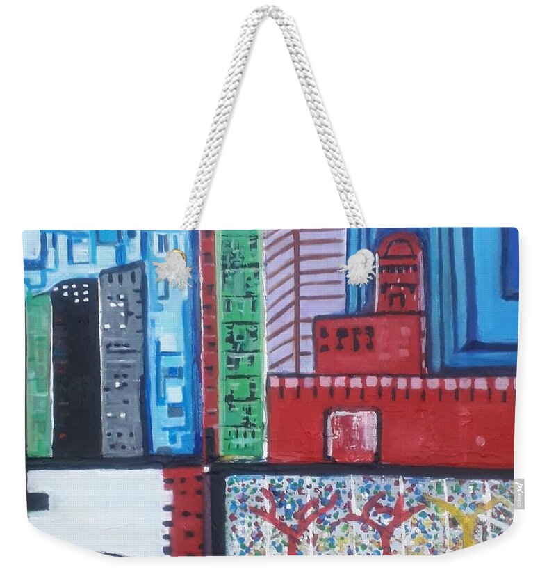 Acrylic Weekender Tote Bag featuring the painting City Grid, acrylic architectural artwork by Denise Morgan