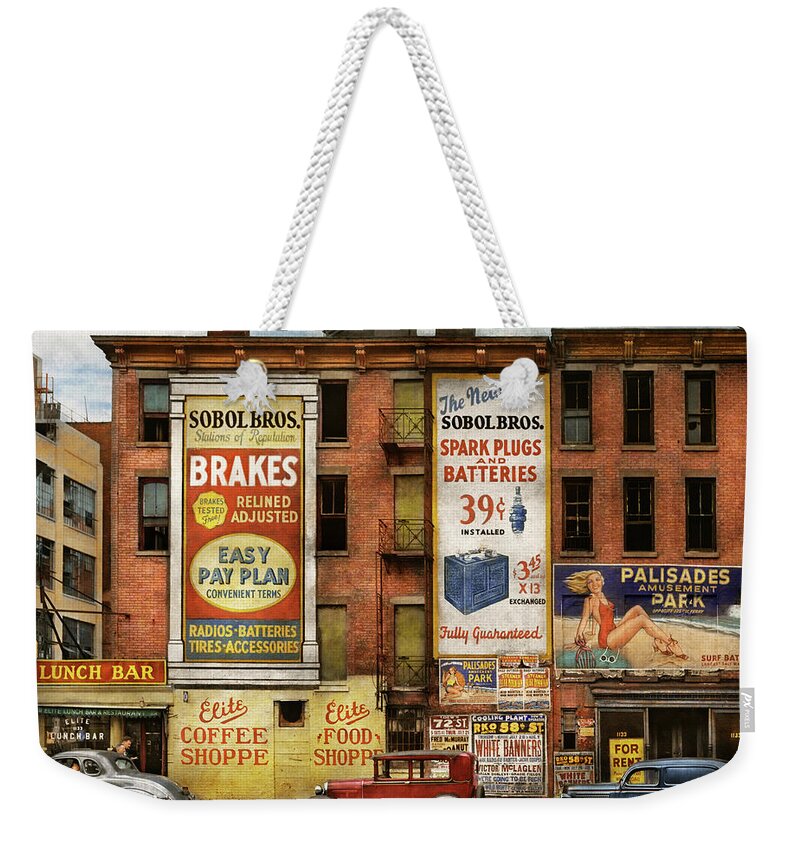 Car Weekender Tote Bag featuring the photograph City - New York NY - Elite lunch bar 1938 by Mike Savad