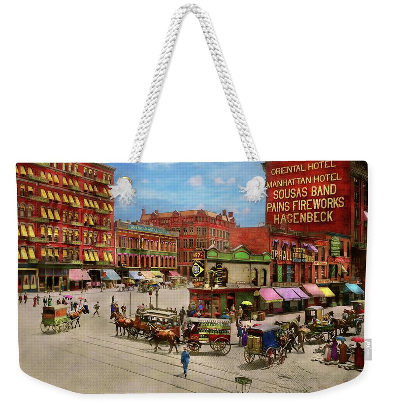 New York Weekender Tote Bag featuring the photograph City - New York - The future site of the Flatiron building 1890 by Mike Savad