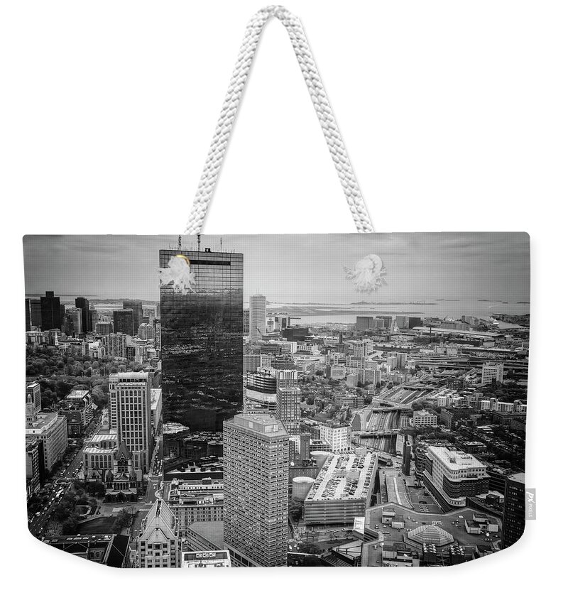 Boston Weekender Tote Bag featuring the photograph City of Boston Reflected Black and White by Carol Japp
