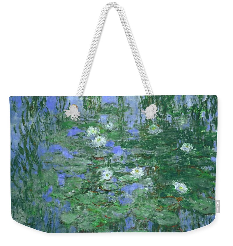 Claude Monet Weekender Tote Bag featuring the painting CLAUDE MONET Nympheas bleus Blue Water Lilies. Date/Period 1916 - 1919. Painting. Oil on canvas. by Claude Monet
