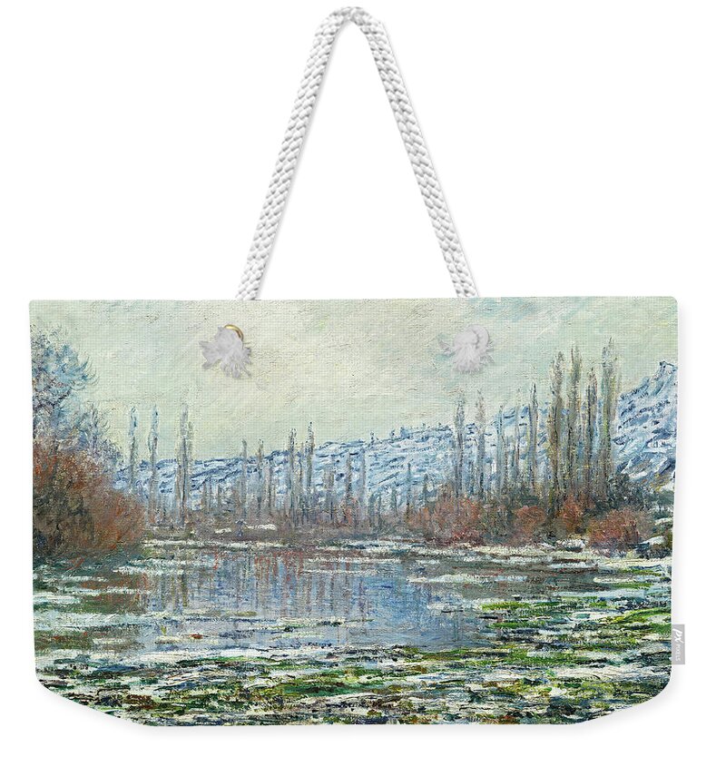 Canvas Weekender Tote Bag featuring the painting Claude Monet -Paris, 1840-Giverny, 1926-. The Thaw at Vetheuil -1880-. Oil on canvas. 60 x 100 cm. by Claude Monet -1840-1926-