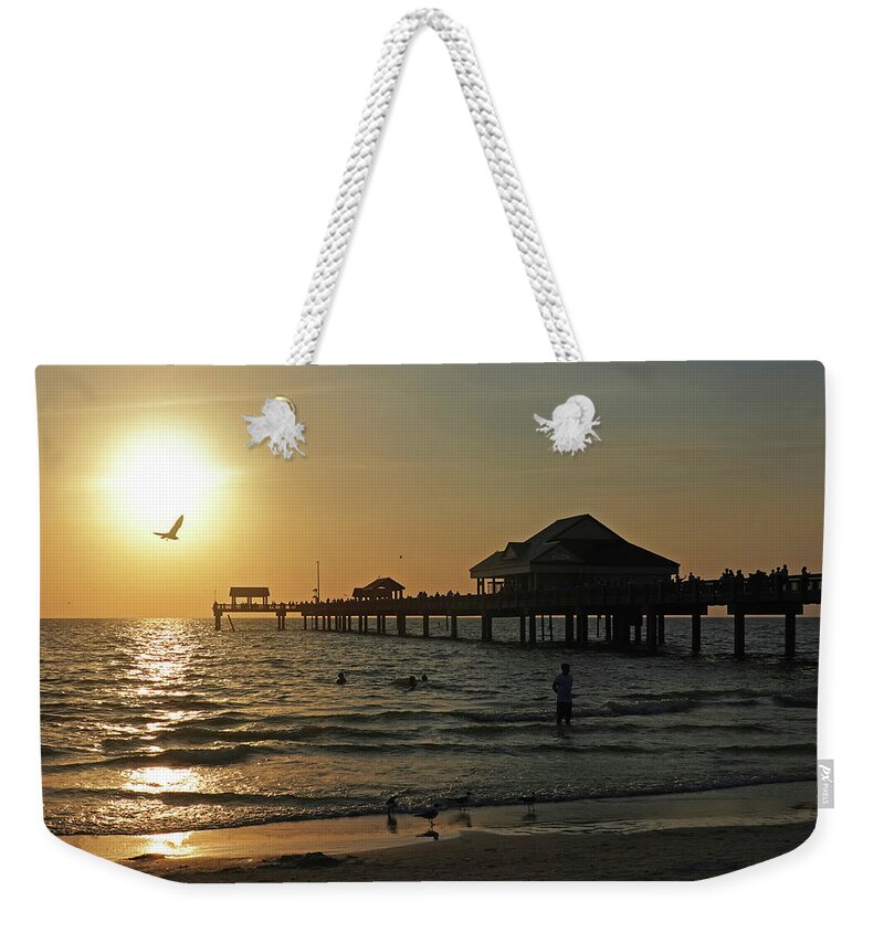 Clearwater Weekender Tote Bag featuring the photograph Clearwater Florida Sunset at the Pier FL Seagull by Toby McGuire