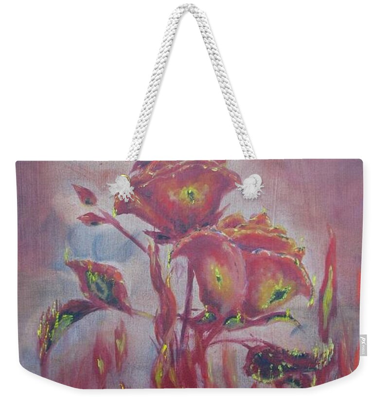 Roses Weekender Tote Bag featuring the painting Climate Change The Phoenix Rose by Patricia Kanzler