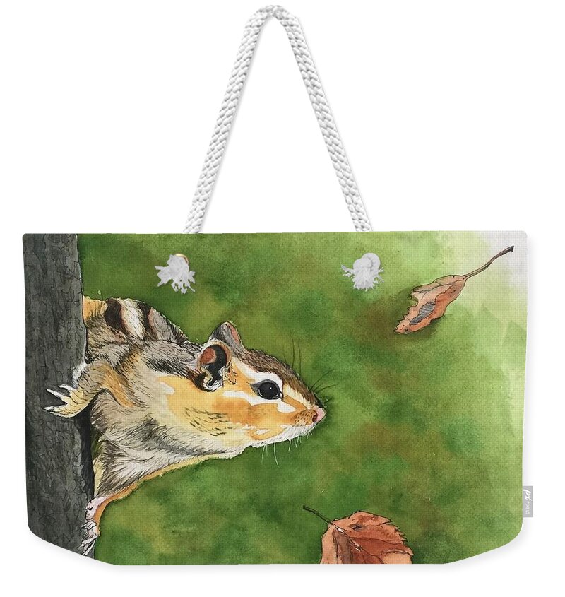 Chipmunk Weekender Tote Bag featuring the mixed media Clinging On To Fall by Sonja Jones