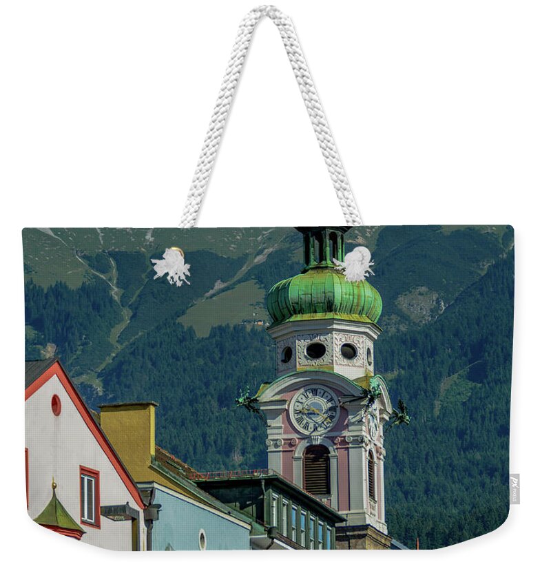 Austria Weekender Tote Bag featuring the photograph Clock Tower of Innsbruck by Marcy Wielfaert