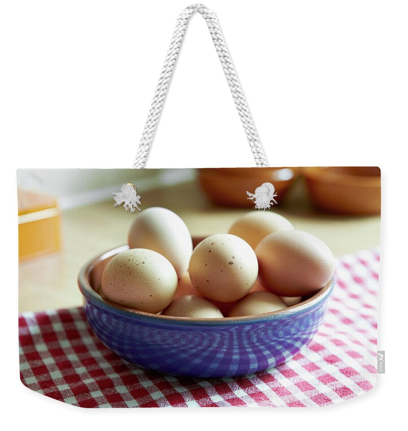 Large Group Of Objects Weekender Tote Bag featuring the photograph Close Up Of Bowl Of Eggs by Debby Lewis-harrison