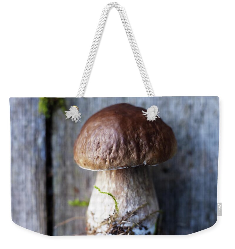 Picking Weekender Tote Bag featuring the photograph Close-up Of Edible Mushroom On Wood by Johner Images