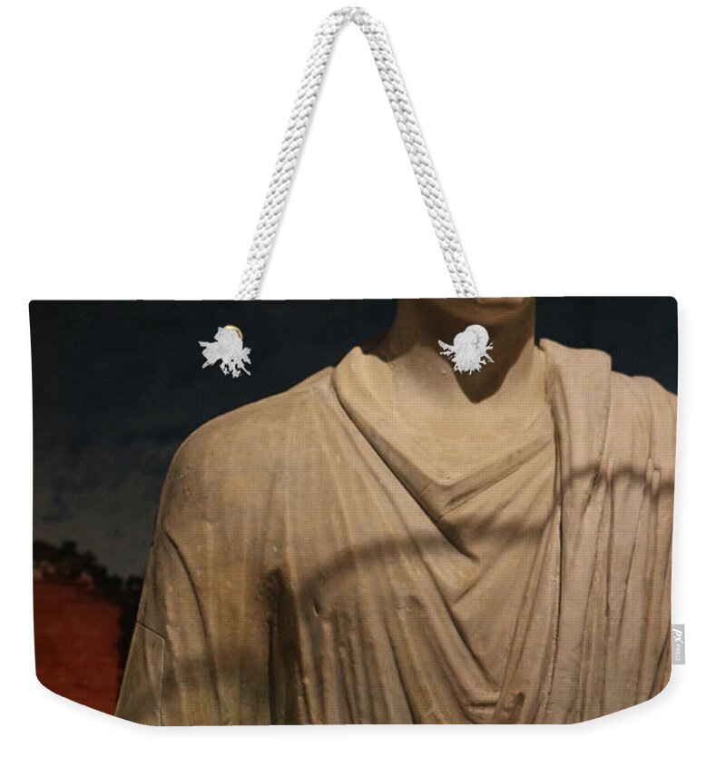 Marble Statue Weekender Tote Bag featuring the photograph Closeup of Marble Statue of Man Pompeii Exhibit 2 by Colleen Cornelius