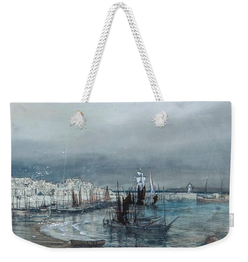 Donald Maxwell (1877-1936) - Coastal View Of A Harbour Weekender Tote Bag featuring the painting Coastal view of a harbour by MotionAge Designs
