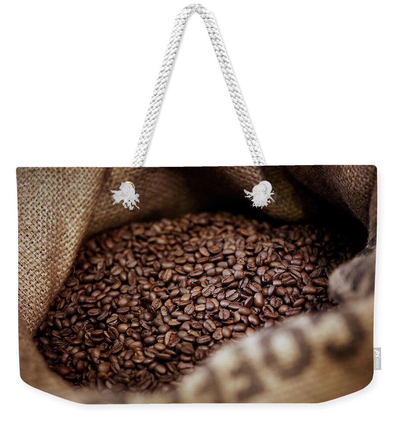 Large Group Of Objects Weekender Tote Bag featuring the photograph Coffee Beans In Burlap Sack by Adam Gault