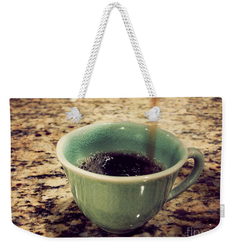 California Weekender Tote Bag featuring the photograph Coffee Being Poured Into Cup by Shari Weaver Photography