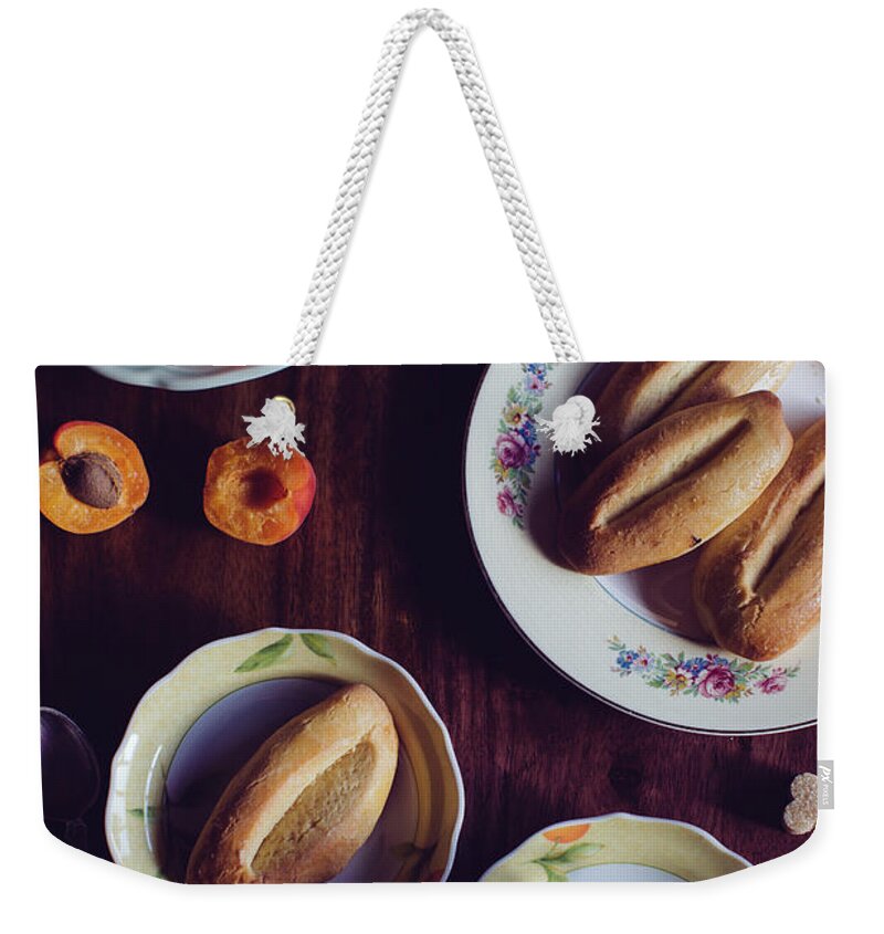 Spoon Weekender Tote Bag featuring the photograph Coffee With Cookies And Apricots by Ingwervanille