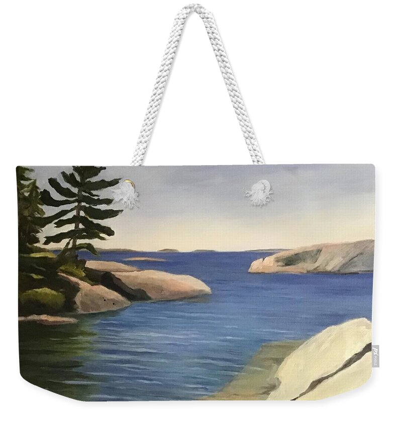 Georgian Bay Weekender Tote Bag featuring the painting Cognashene by Cynthia Blair