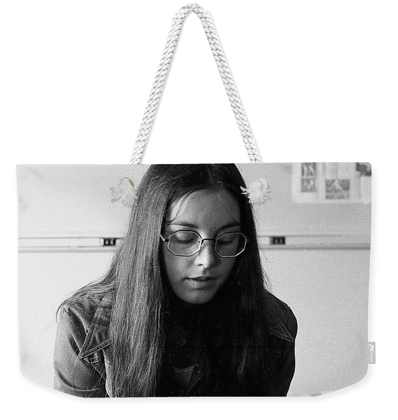 Brown University Weekender Tote Bag featuring the photograph College Student with Octagonal Eyeglasses, 1972 by Jeremy Butler