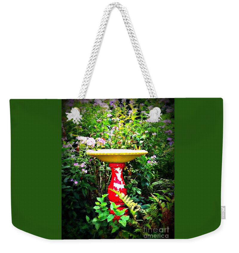 Nature Weekender Tote Bag featuring the photograph Color Birdbath with Flowers by Frank J Casella