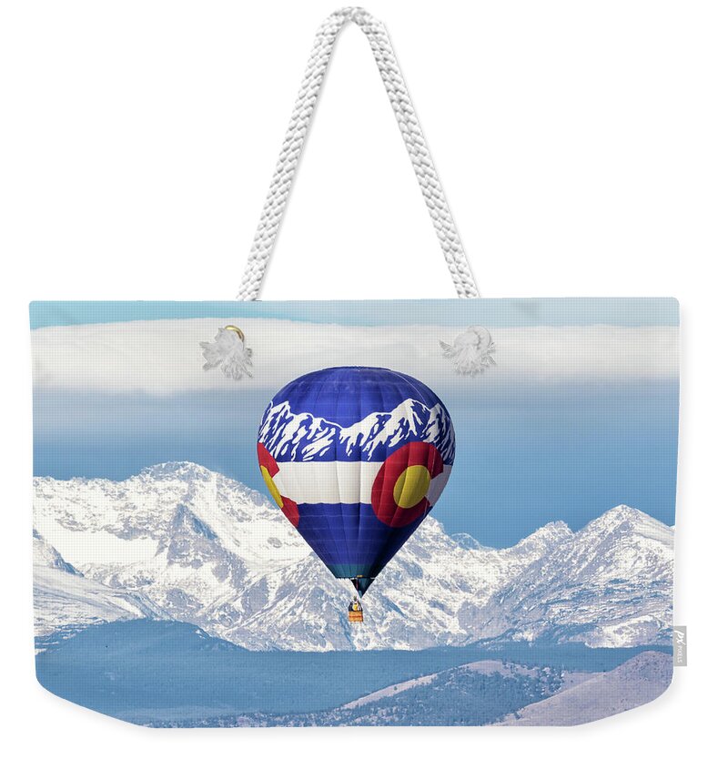 Balloon Weekender Tote Bag featuring the photograph Colorado balloon and North Arapaho Peak by Tony Hake