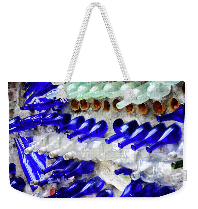 Recycling Weekender Tote Bag featuring the photograph Colored Glass Bottle Wall 1 by Cynthia Guinn