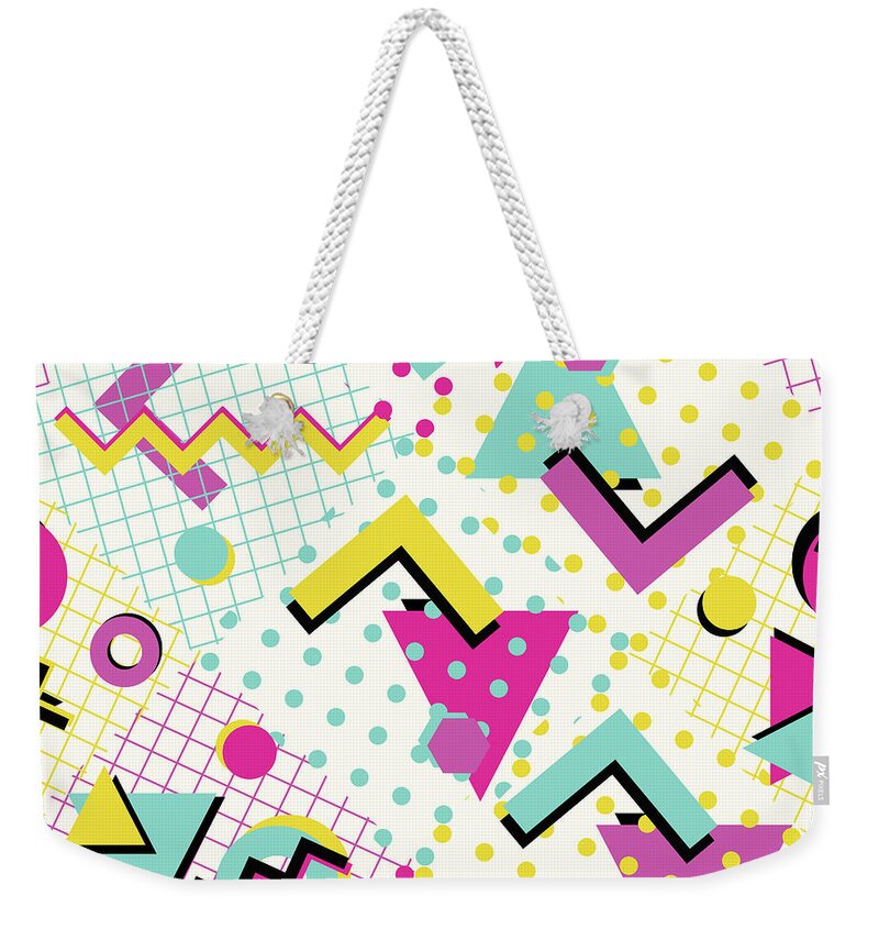 1980-1989 Weekender Tote Bag featuring the digital art Colorful Abstract 80s Style Seamless by Alex bond
