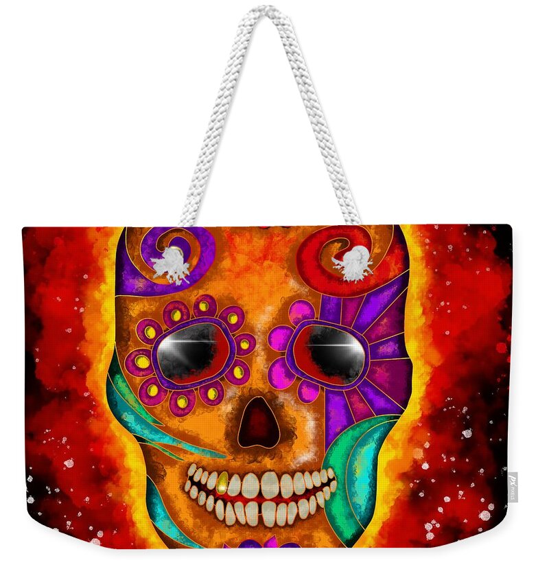 Colorful Weekender Tote Bag featuring the painting Colorful abstract skull and fireball by Patricia Piotrak