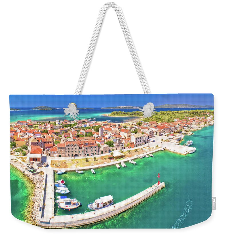 Krapanj Weekender Tote Bag featuring the photograph Colorful Island of Krapanj aerial panoramic view by Brch Photography