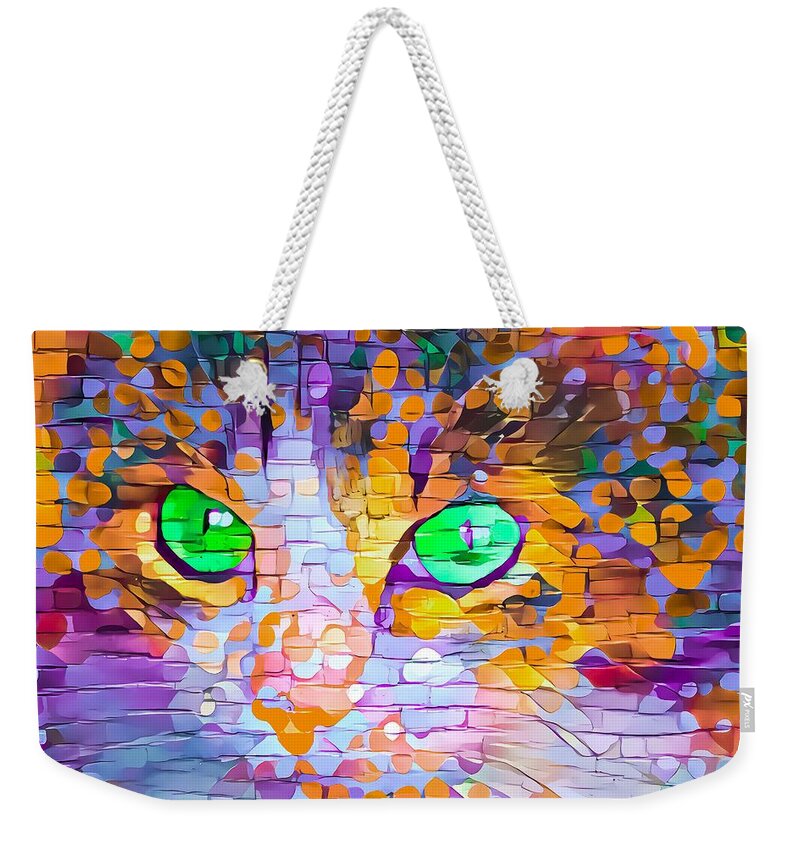 Daubs Weekender Tote Bag featuring the digital art Colorful Paint Daubs Kitten Green Eyes by Don Northup