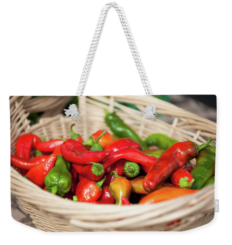 Red Bell Pepper Weekender Tote Bag featuring the photograph Colorful Red, Green, And Orange Peppers by Txphotoblog - Randy Ennis