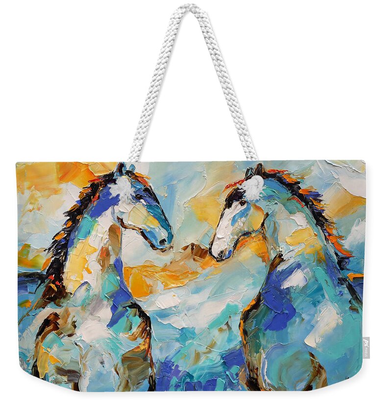 Blue Horse Painting Weekender Tote Bag featuring the painting Compromise Like Minds by Laurie Pace