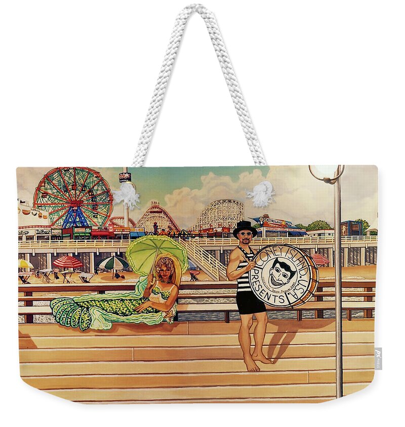  Weekender Tote Bag featuring the painting Coney Island Boardwalk Pillow Mural #4 by Bonnie Siracusa