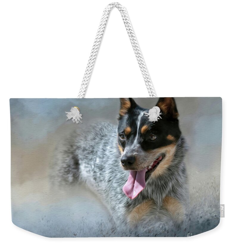 Dogs Weekender Tote Bag featuring the mixed media Cookie - A Blue Heeler by DB Hayes