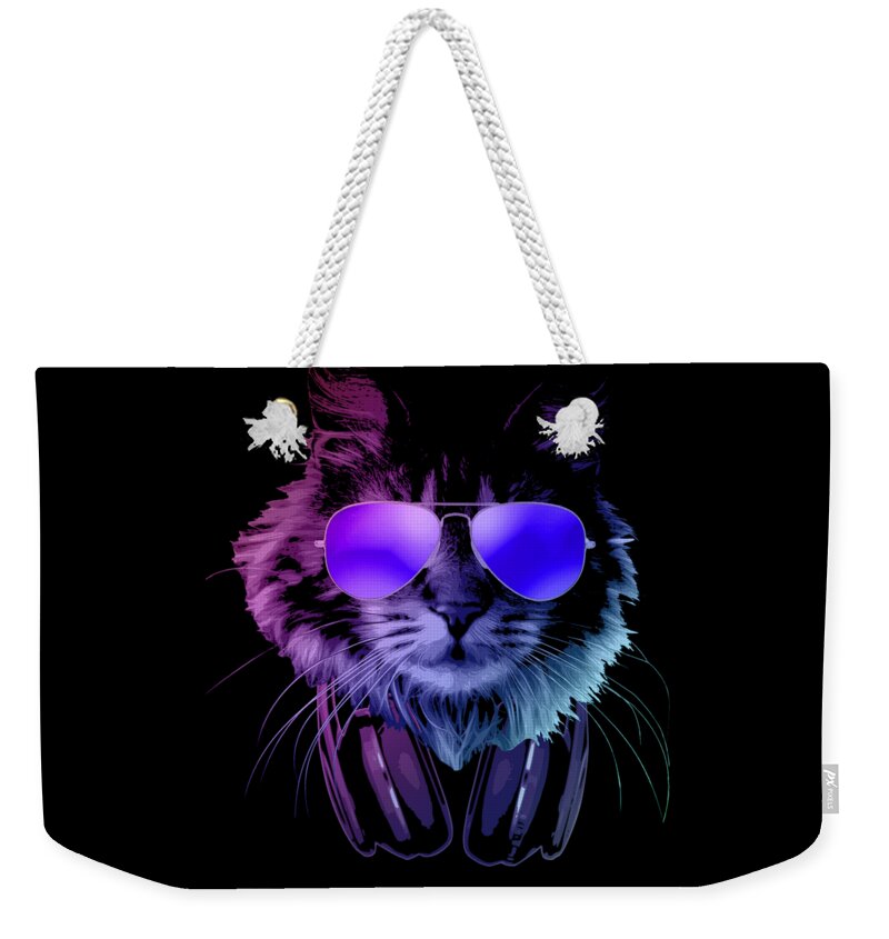 Cat Weekender Tote Bag featuring the digital art Cool DJ Furry Cat In Neon Lights by Filip Schpindel