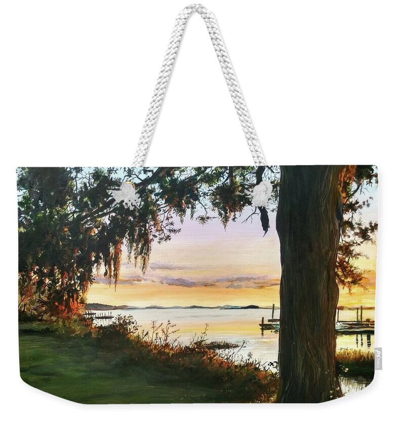 Sunset Weekender Tote Bag featuring the painting Cooper River Sunset by William Brody