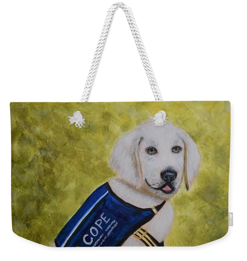 Dog Weekender Tote Bag featuring the painting Cope Service Dog Labrador by Monika Shepherdson