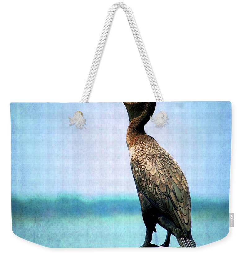 Wooden Post Weekender Tote Bag featuring the photograph Cormorant Rests On Post Overlooking Lake by William Goldsmith