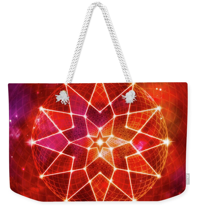 Seed Of Life Weekender Tote Bag featuring the digital art Cosmic Geometric Seed of Life Crystal Red Lotus Star Mandala by Laura Ostrowski