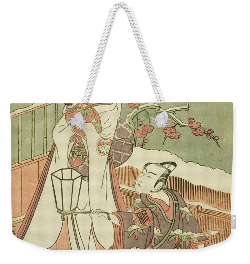 Japanese Weekender Tote Bag featuring the painting Cotton Wadding Of Izu Protecting The Matrimonial Chrysanthemums by Ippitsusai Buncho