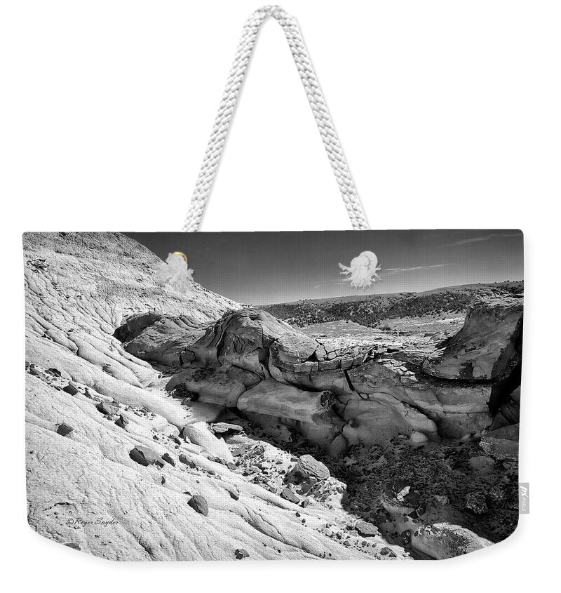 Beautiful Photos Weekender Tote Bag featuring the photograph Cottonwood Creek Strange Rocks 7 BW by Roger Snyder