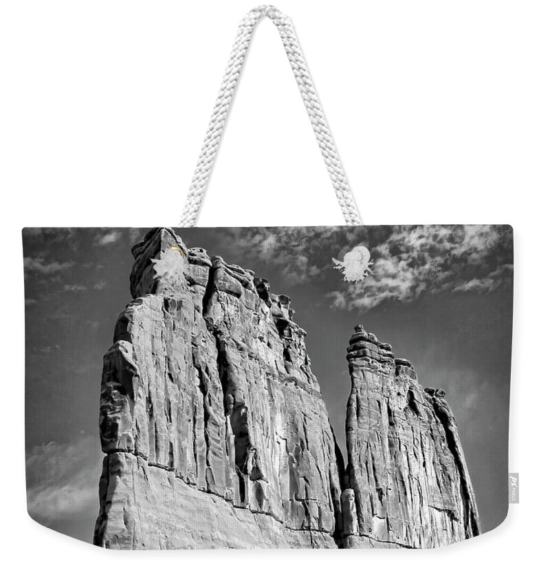 Arches National Park Weekender Tote Bag featuring the photograph Courthouse Towers BW by Susan Candelario