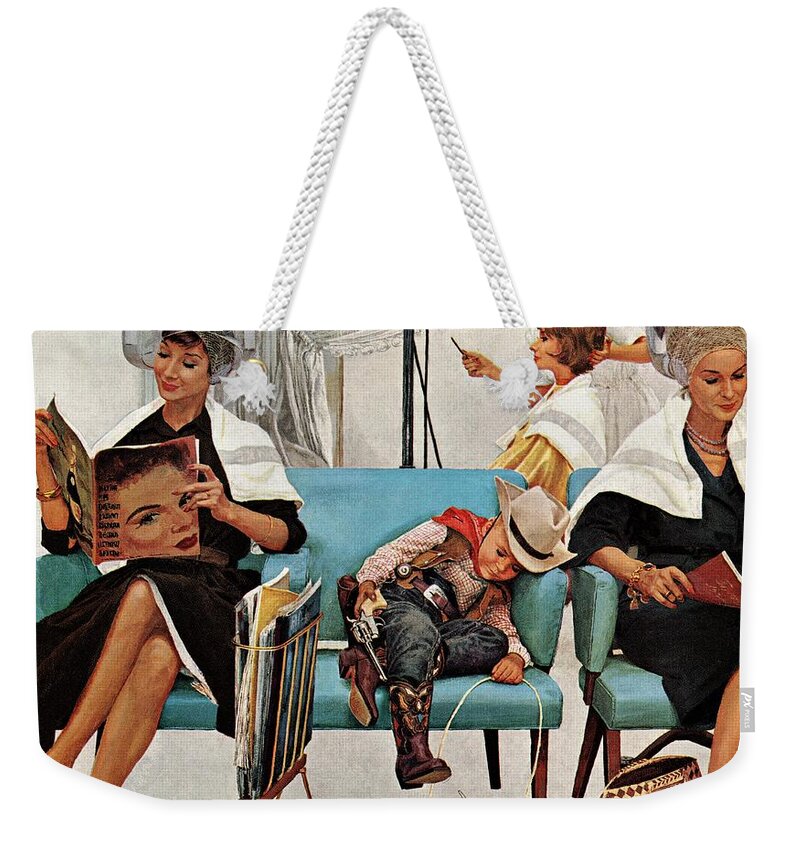 Beauty Shops Weekender Tote Bag featuring the drawing Cowboy Asleep In Beauty Salon by Kurt Ard
