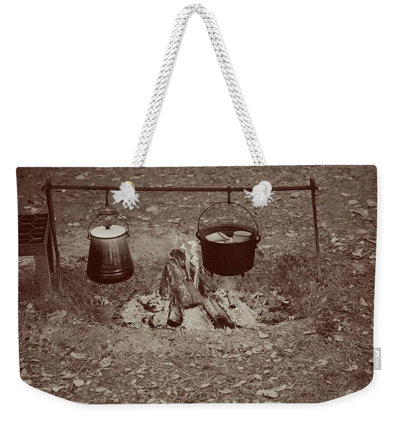Sepia Weekender Tote Bag featuring the photograph Cowboy Camp by T Lynn Dodsworth