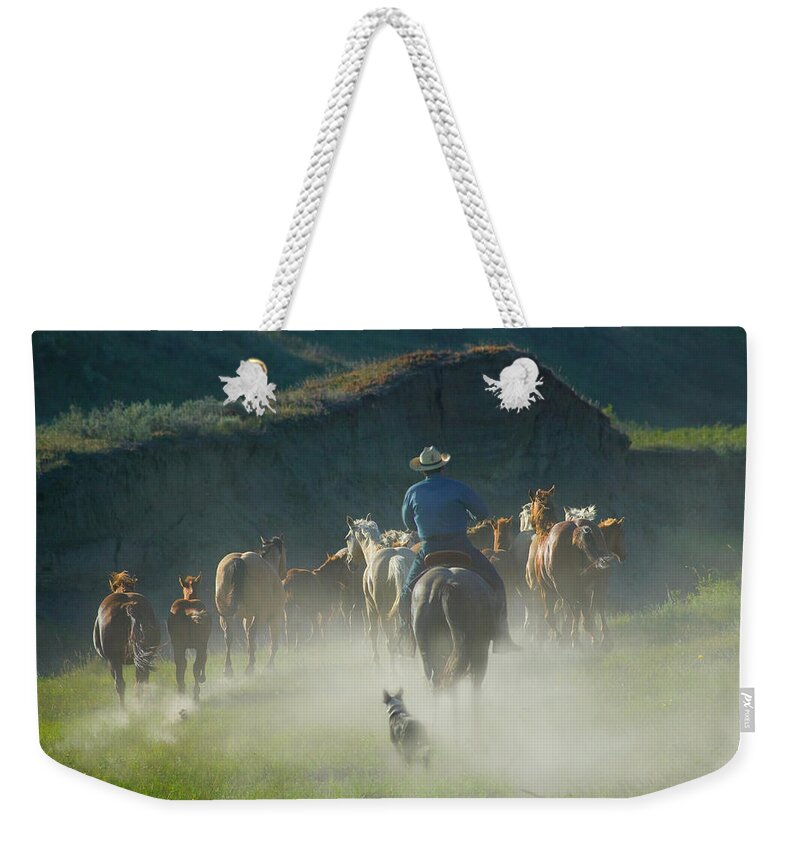 Horse Weekender Tote Bag featuring the photograph Cowboy With Horses And Dog On The Ranch by Keren Su