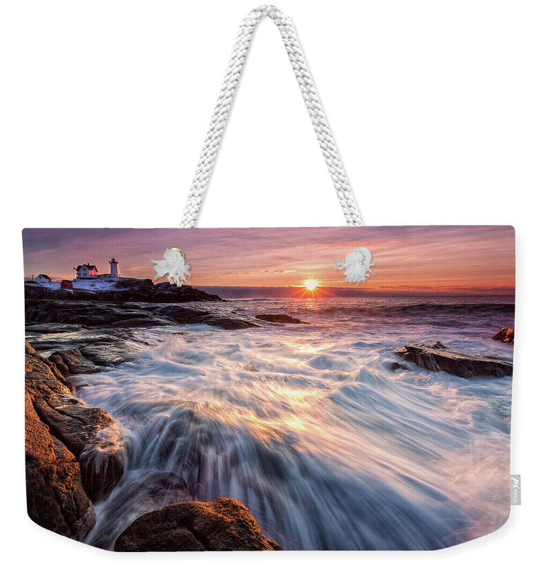 Amazing New England Weekender Tote Bag featuring the photograph Crashing Waves at Sunrise, Nubble Light. by Jeff Sinon