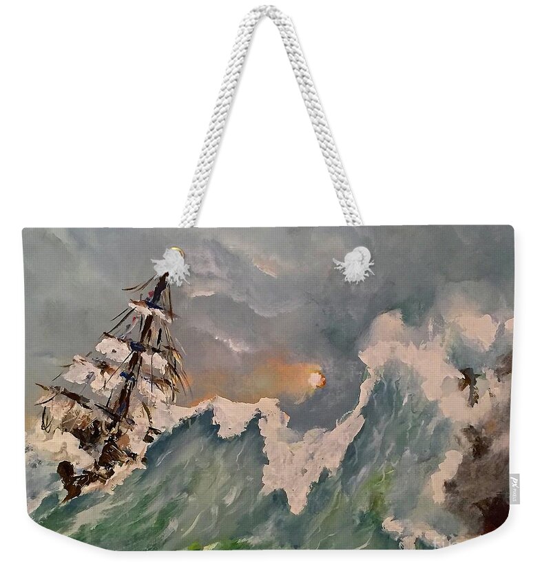 Crashing Waves Thunderstorm Ocean Water Sea Wave Ship Clouds Cloudy Acrylic Painting Blue Sunset Evening Seascape Weekender Tote Bag featuring the painting Crashing Waves by Miroslaw Chelchowski